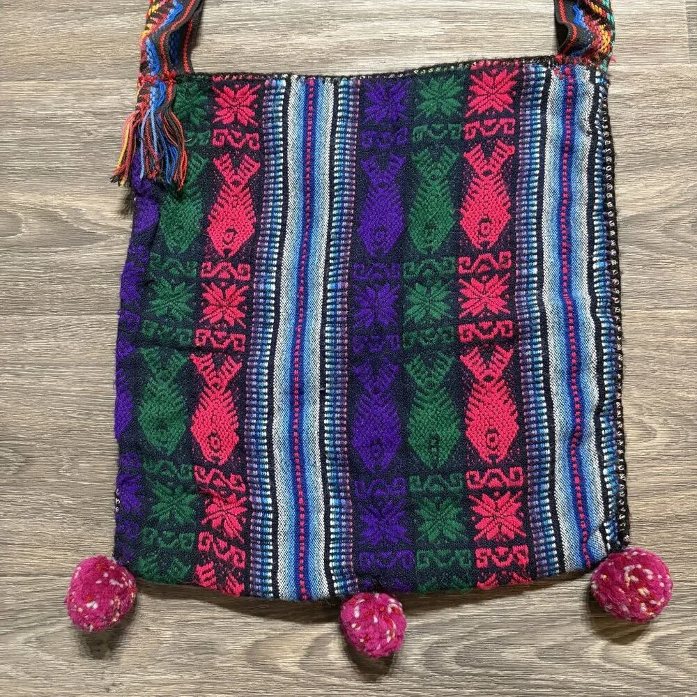 Multicolor Woven Bag Nepal Fish Motif PomPom Bohemian Grunge Festival 90s VTG